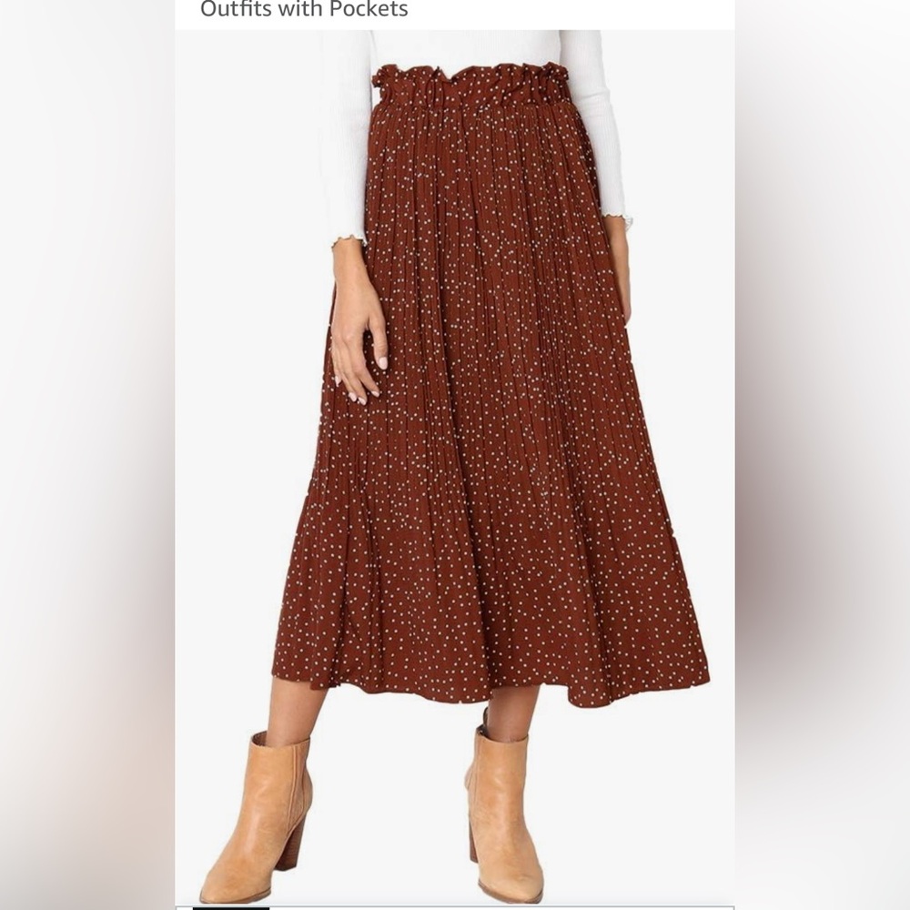 Exlura Brown Polka Dot Pleated Midi Swing Skirt Pull-On W/Pockets